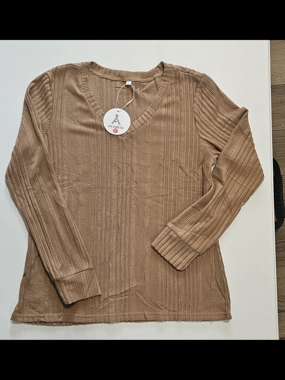 Tan Ribbed V-Neck Long Sleeve Top - Picture 2 of 6